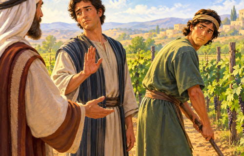 An illustration of a father and two sons from Biblical times working