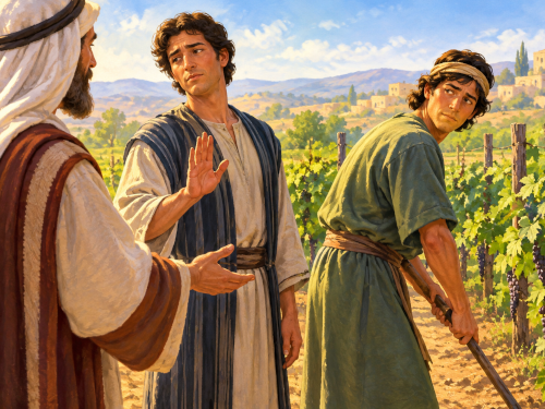 An illustration of a father and two sons from Biblical times working