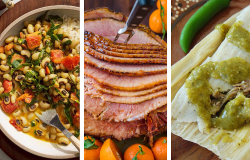 Three part photo of Hoppin John, Ham, and Tamales