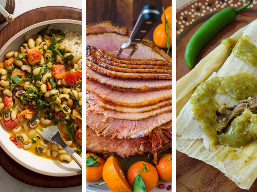 Three part photo of Hoppin John, Ham, and Tamales