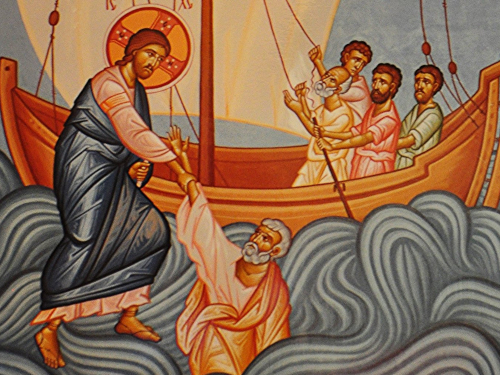 Jesus on the water pulling Peter up next to the boat
