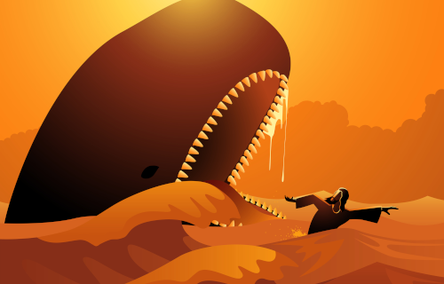 Monochrome illustration of a whale about to swallow Jonah