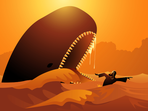 Monochrome illustration of a whale about to swallow Jonah