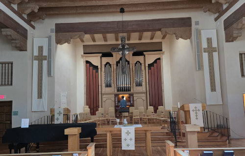 Church banners in the First Presbyterian Church of Santa Fe Sanctuary