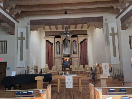 Church banners in the First Presbyterian Church of Santa Fe Sanctuary