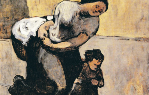 Paint of a woman with a basket running with a girl