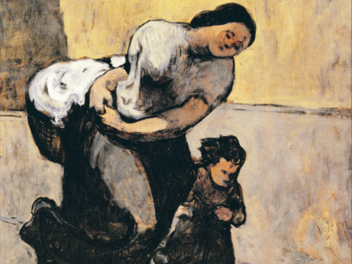 Paint of a woman with a basket running with a girl