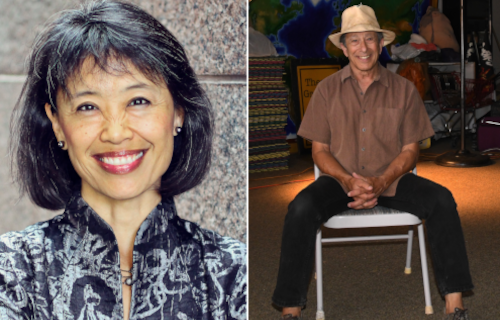 A portrait of Mimi Tung side-by-side with Tom Flax