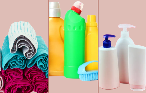Folded womens underwear, cleaning detergents, shampoo and conditioner