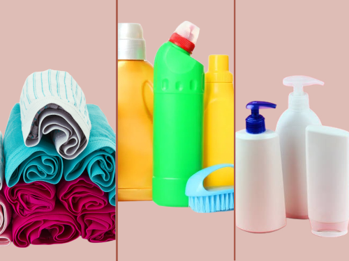 Folded womens underwear, cleaning detergents, shampoo and conditioner