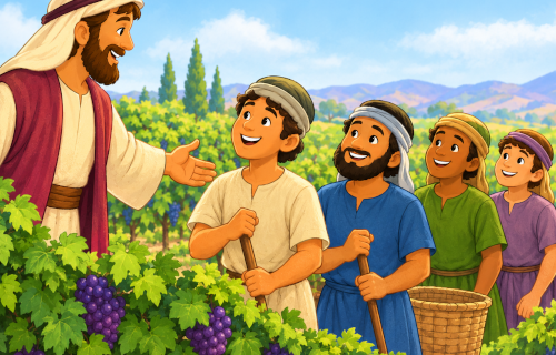 Landowner and workers in vineyard smiling