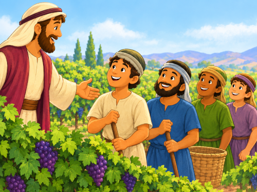 Landowner and workers in vineyard smiling